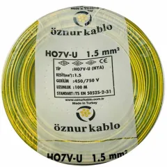Öznur Kablo 1,5 mm Nya Tek Damarlı Bakır Elektrik Kablosu Sarı Yeşil