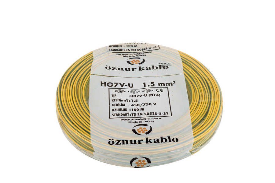 Öznur Kablo 1,5 mm Nya Tek Damarlı Bakır Elektrik Kablosu Sarı Yeşil