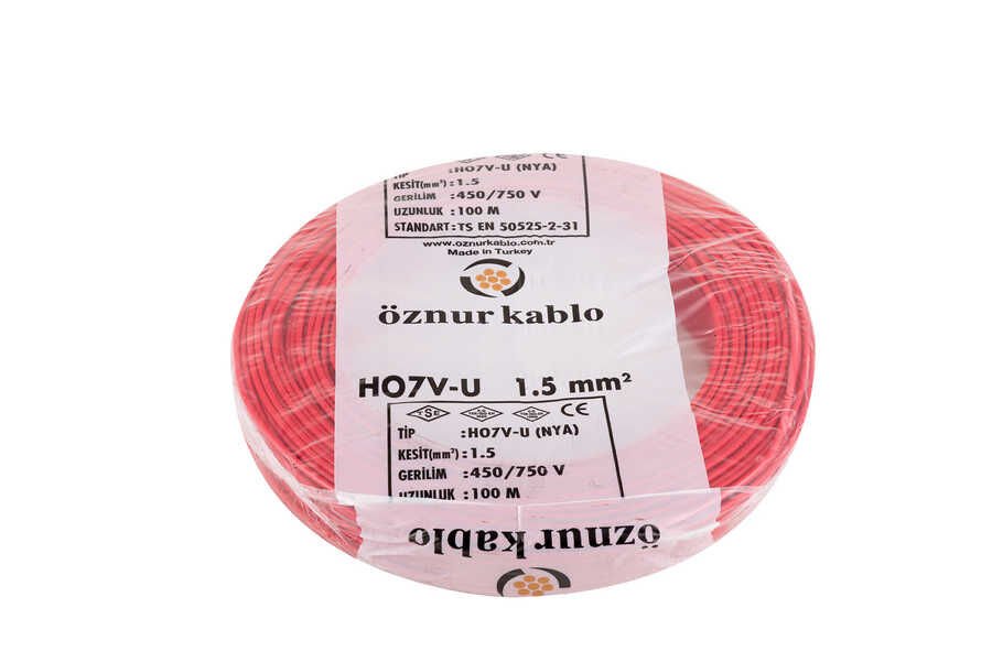 Öznur Kablo 1,5 mm Nya Tek Damarlı Bakır Elektrik Kablosu Kırmızı