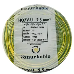 Öznur Kablo 2,5 mm Nya Tek Damarlı Bakır Elektrik Kablosu Sarı Yeşil