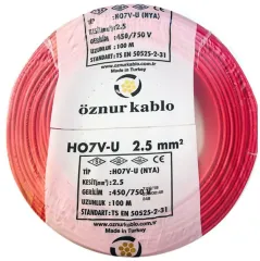 Öznur Kablo 2,5 mm Nya Tek Damarlı Bakır Elektrik Kablosu Kırmızı